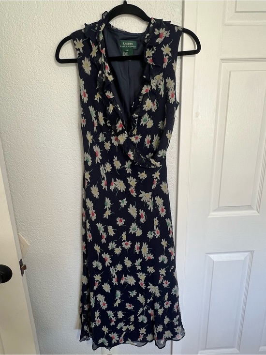 Lauren Ralph Lauren Dresses & Skirts - Lauren Ralph Lauren Silk Floral Ruffle Neck Midi Dress Navy Sleeveless Size 8